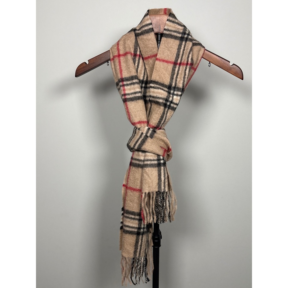 Charter Club Scarf Womens Tan Plaid 100% Cashmere Luxury Winter Fringe Scarf